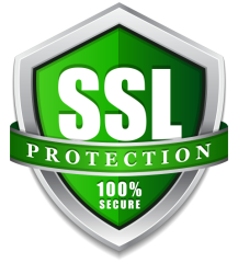 Green shield with SSL Protection and 100% Secure text.