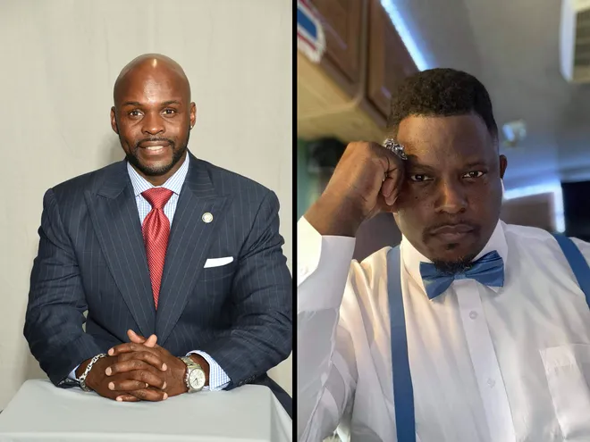 Two men dressed formally in suits and bow ties.