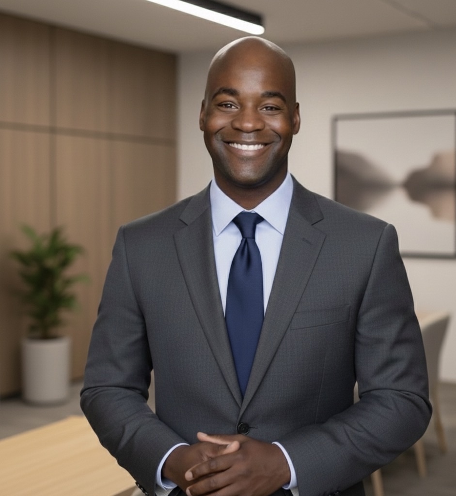 Confident professional man smiling in a modern office setting.