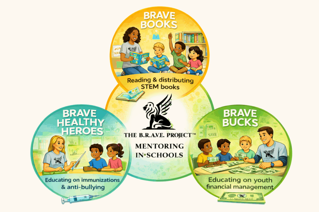 Logos of Brave Books initiatives promoting literacy, mentoring, and healthy habits for kids.