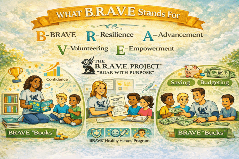 Illustration showing what BRAVE stands for with children engaged in various activities.