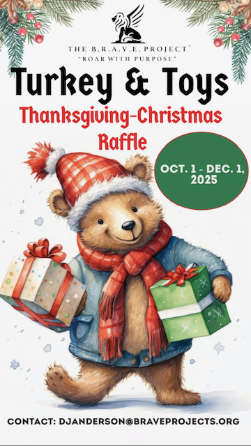Holiday turkey and toys raffle flyer.