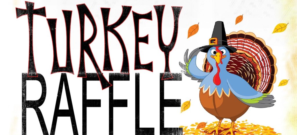 Turkey and toys Thanksgiving and Christmas raffle flyer.